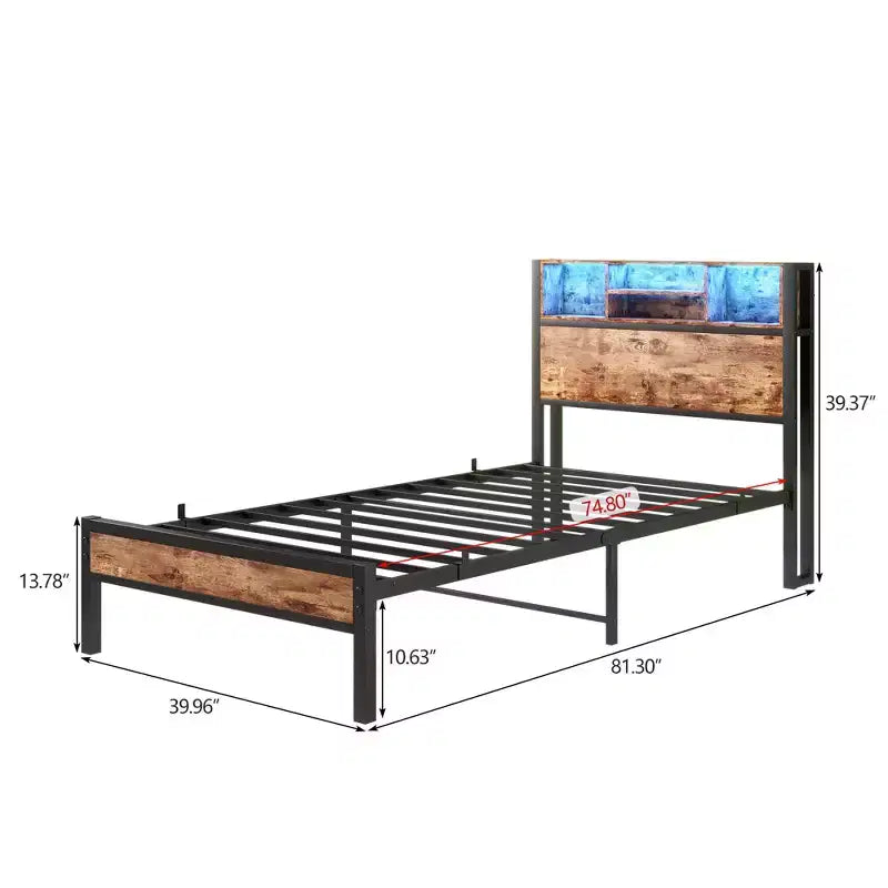 Cadre de lit plateforme moderne double GDFStudio Kian en métal avec tête de lit de rangement, station de charge et lumières LED