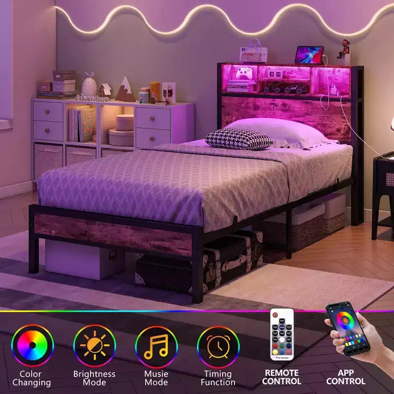 Cadre de lit plateforme moderne double GDFStudio Kian en métal avec tête de lit de rangement, station de charge et lumières LED