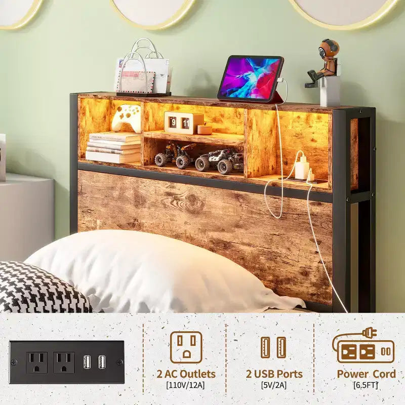 Cadre de lit plateforme moderne double GDFStudio Kian en métal avec tête de lit de rangement, station de charge et lumières LED