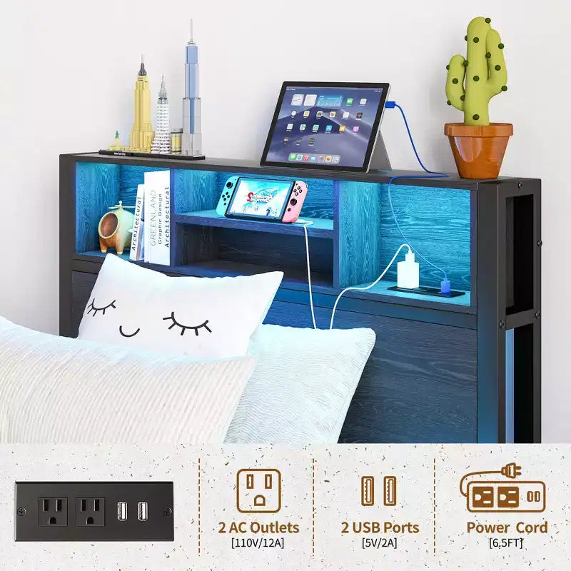 Cadre de lit plateforme moderne double GDFStudio Kian en métal avec tête de lit de rangement, station de charge et lumières LED