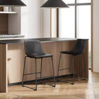 Okak Set of 2 Industrial Upholstered Bar Stools with Metal Legs & Footstools,Armless Faux Leather Counter Chairs for Dining Rooms