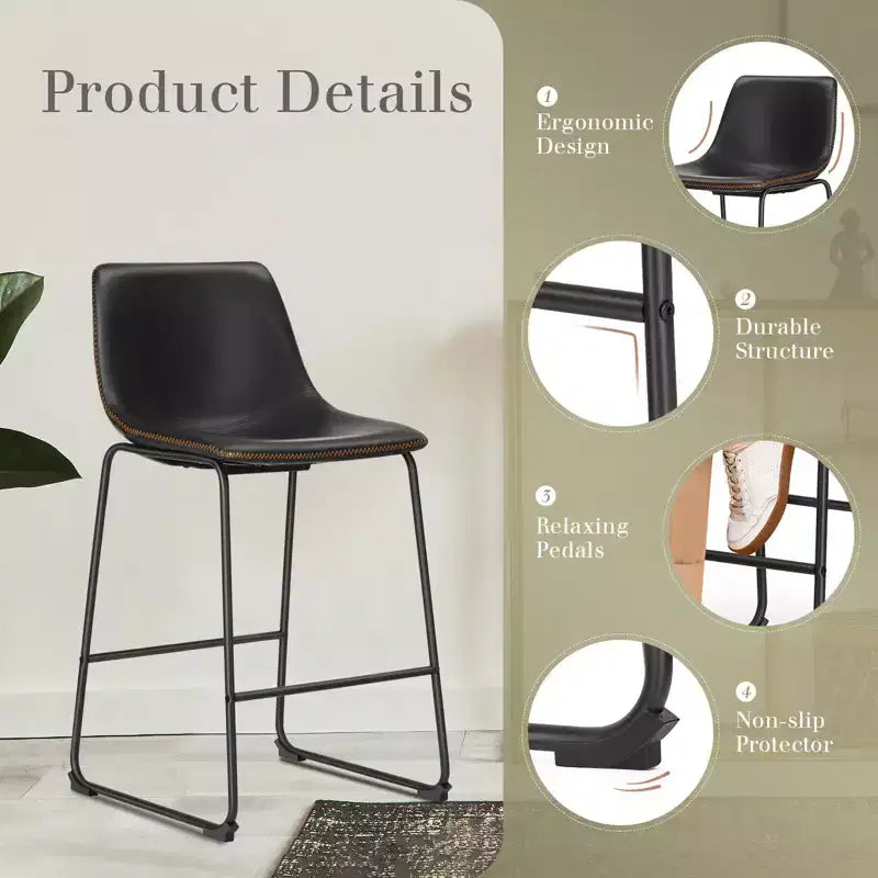 Okak Set of 2 Industrial Upholstered Bar Stools with Metal Legs & Footstools,Armless Faux Leather Counter Chairs for Dining Rooms