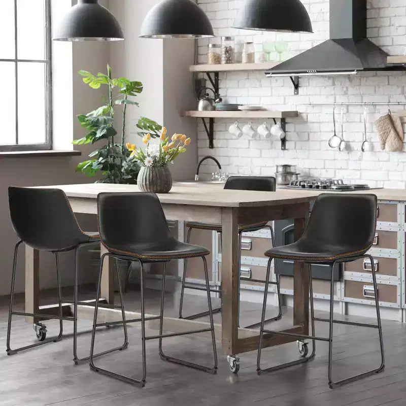 Okak Set of 2 Industrial Upholstered Bar Stools with Metal Legs & Footstools,Armless Faux Leather Counter Chairs for Dining Rooms
