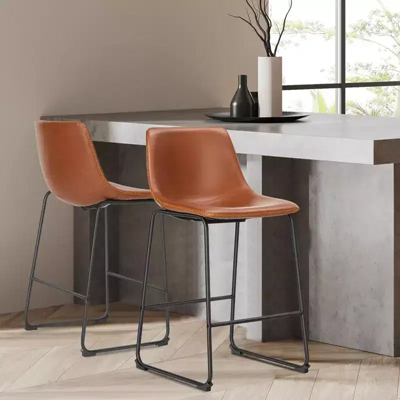 Okak Set of 2 Industrial Upholstered Bar Stools with Metal Legs & Footstools,Armless Faux Leather Counter Chairs for Dining Rooms