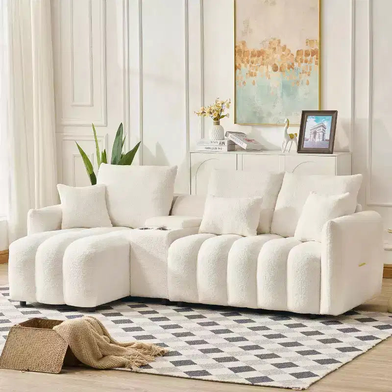 MAYEERTY Canapé d'angle en tissu fausse fourrure de haute qualité 92 pouces avec table basse console centrale pour salon et appartement, blanc