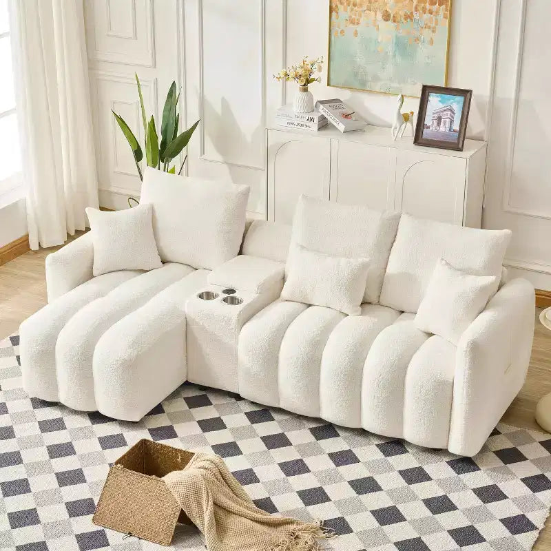MAYEERTY Canapé d'angle en tissu fausse fourrure de haute qualité 92 pouces avec table basse console centrale pour salon et appartement, blanc