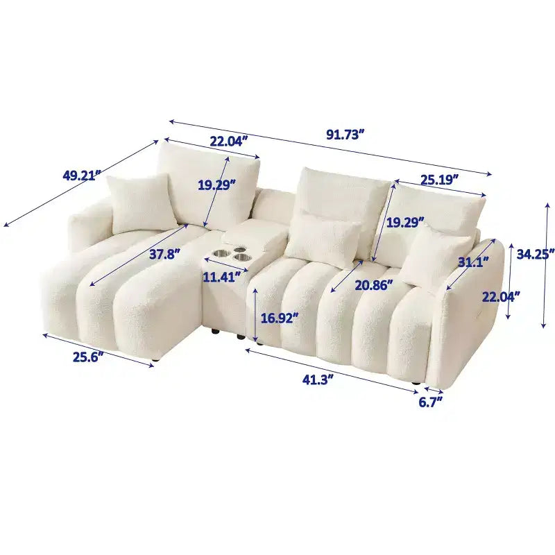 MAYEERTY Canapé d'angle en tissu fausse fourrure de haute qualité 92 pouces avec table basse console centrale pour salon et appartement, blanc