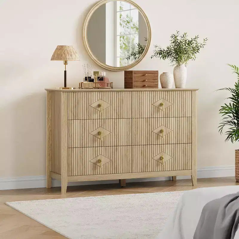 Acekool 54 6-Drawer Fluted Dresser, Modern Wide Storage Chest with Deep Drawers and Anti-Tip Kit