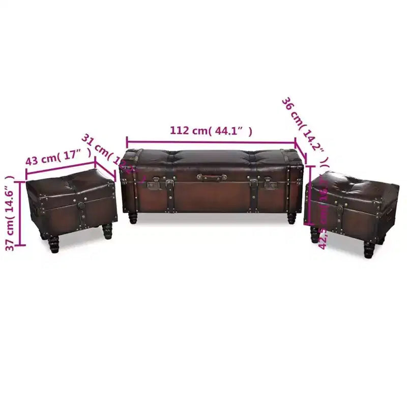 vidaXL Bancs de rangement 3 pcs Marron foncé Pin massif et similicuir