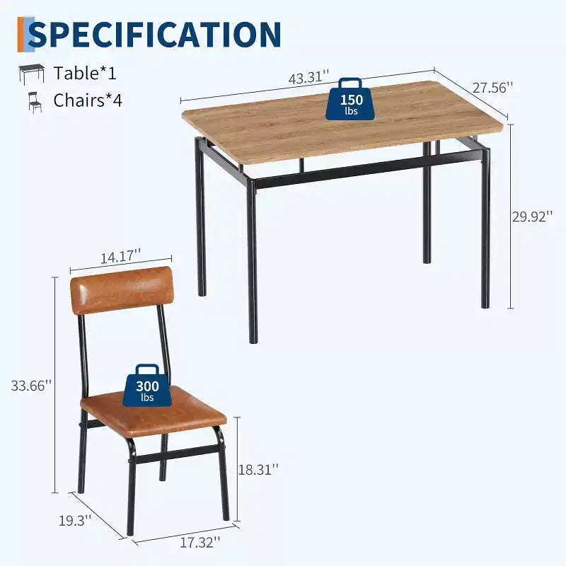Acekool - Ensemble table de salle à manger 5 pièces, table à grain de bois brun, peu encombrant, pour cuisine
