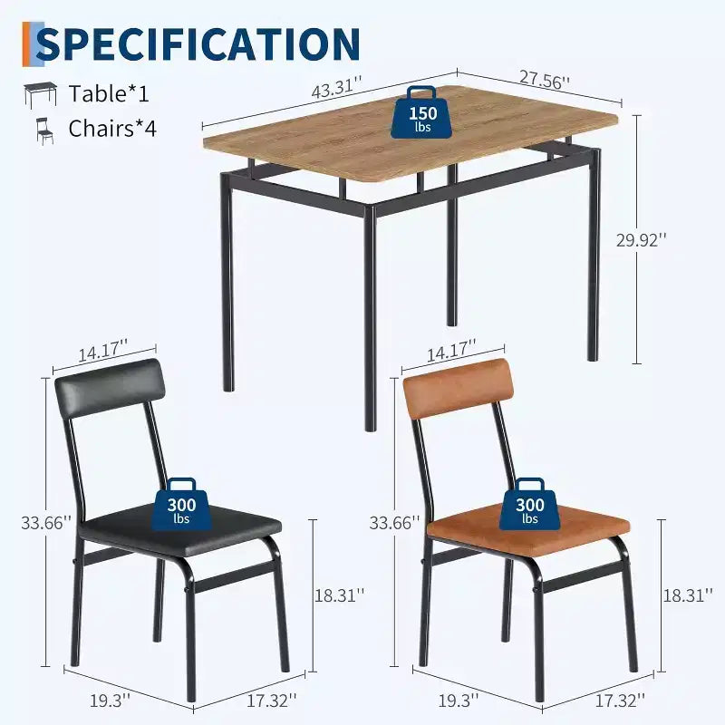Acekool - Ensemble table de salle à manger 5 pièces, table à grain de bois brun, peu encombrant, pour cuisine