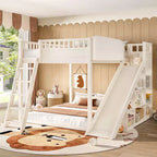 Bellemave Loft Bed with Upholstered Headboard and Storage Shelves,Solid Wood Loft Bed Frame with Ladder and Slide for Kids