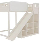 Bellemave Loft Bed with Upholstered Headboard and Storage Shelves,Solid Wood Loft Bed Frame with Ladder and Slide for Kids