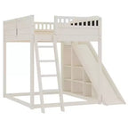 Bellemave Loft Bed with Upholstered Headboard and Storage Shelves,Solid Wood Loft Bed Frame with Ladder and Slide for Kids