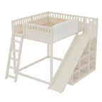 Bellemave Loft Bed with Upholstered Headboard and Storage Shelves,Solid Wood Loft Bed Frame with Ladder and Slide for Kids