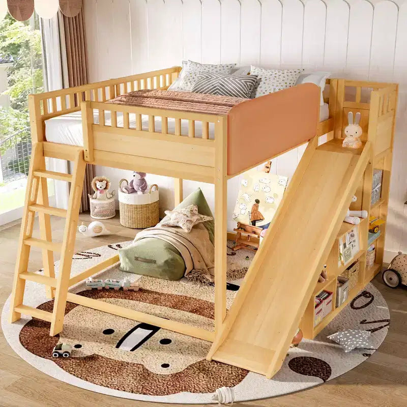 Bellemave Loft Bed with Upholstered Headboard and Storage Shelves,Solid Wood Loft Bed Frame with Ladder and Slide for Kids