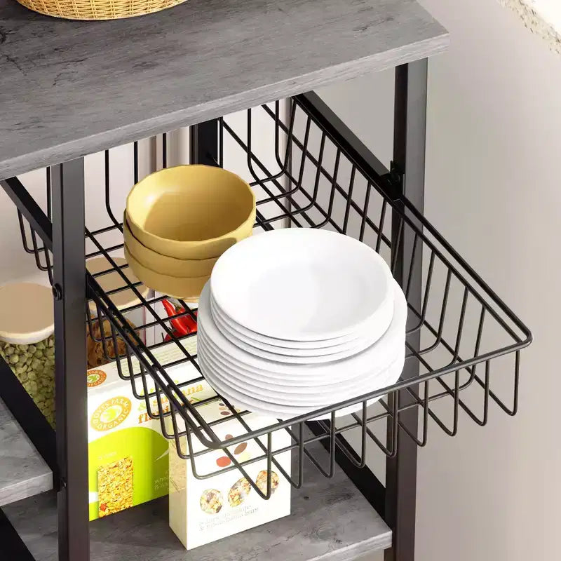 Étagère de Boulanger Celebalcony avec Prise de Courant, Étagères de Rangement Ouvertes de 34,7 po avec Panier en Fil, Support de Micro-ondes de Cuisine avec 6 Crochets en Forme de S