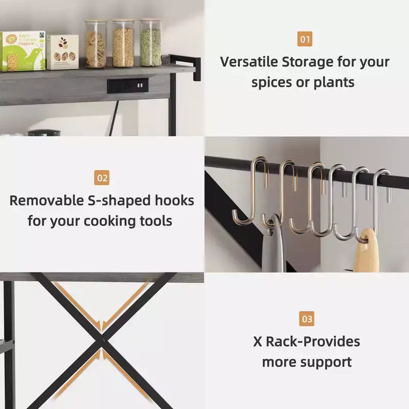 Étagère de Boulanger Celebalcony avec Prise de Courant, Étagères de Rangement Ouvertes de 34,7 po avec Panier en Fil, Support de Micro-ondes de Cuisine avec 6 Crochets en Forme de S
