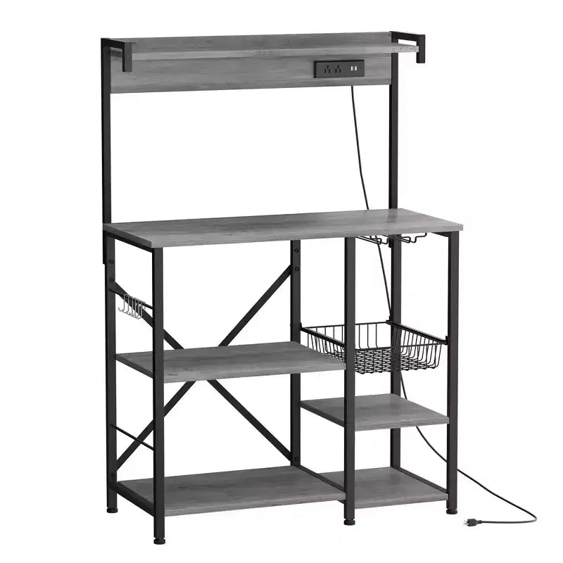 Étagère de Boulanger Celebalcony avec Prise de Courant, Étagères de Rangement Ouvertes de 34,7 po avec Panier en Fil, Support de Micro-ondes de Cuisine avec 6 Crochets en Forme de S