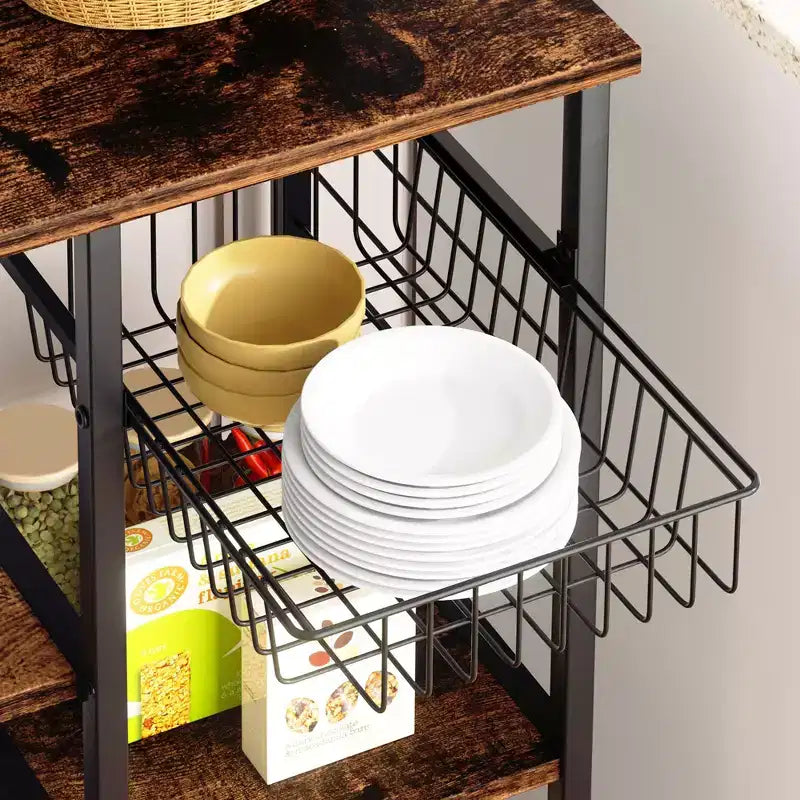 Étagère de Boulanger Celebalcony avec Prise de Courant, Étagères de Rangement Ouvertes de 34,7 po avec Panier en Fil, Support de Micro-ondes de Cuisine avec 6 Crochets en Forme de S