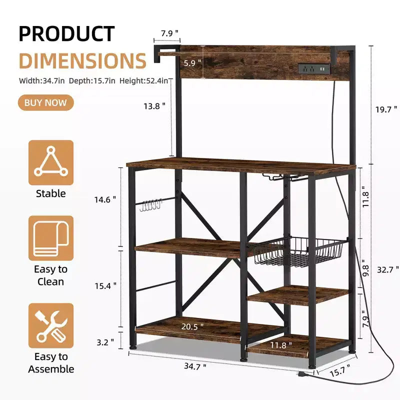 Étagère de Boulanger Celebalcony avec Prise de Courant, Étagères de Rangement Ouvertes de 34,7 po avec Panier en Fil, Support de Micro-ondes de Cuisine avec 6 Crochets en Forme de S