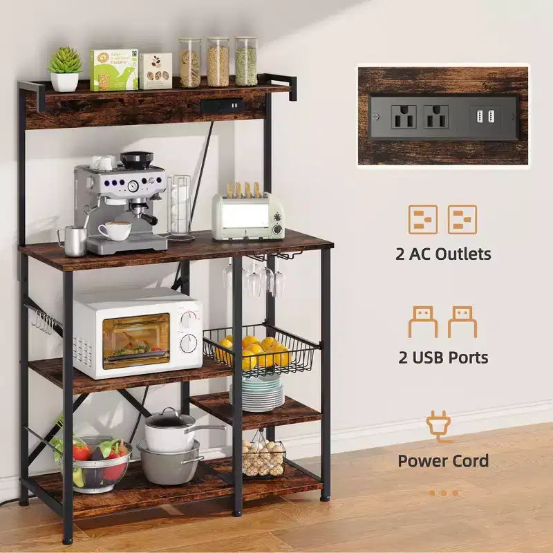 Étagère de Boulanger Celebalcony avec Prise de Courant, Étagères de Rangement Ouvertes de 34,7 po avec Panier en Fil, Support de Micro-ondes de Cuisine avec 6 Crochets en Forme de S
