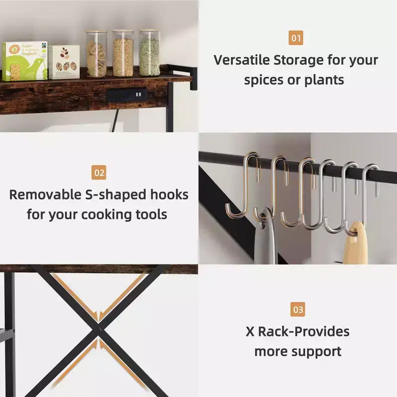 Étagère de Boulanger Celebalcony avec Prise de Courant, Étagères de Rangement Ouvertes de 34,7 po avec Panier en Fil, Support de Micro-ondes de Cuisine avec 6 Crochets en Forme de S