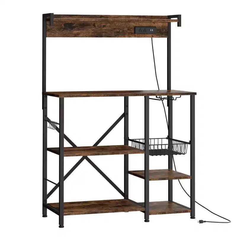 Étagère de Boulanger Celebalcony avec Prise de Courant, Étagères de Rangement Ouvertes de 34,7 po avec Panier en Fil, Support de Micro-ondes de Cuisine avec 6 Crochets en Forme de S