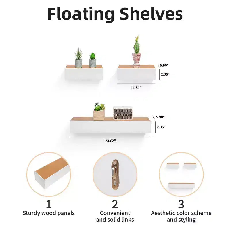 23.6 Étagère flottante invisible en bois érable et blanc avec support mural invisible, parfaite pour la décoration de salle de bain/chambre/cuisine ou comme présentoir à livres/plantes, installation facile.