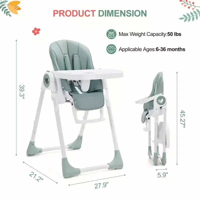 Chaise haute pliante pour bébés et tout-petards - Harnais de sécurité réglable à 5 points, plusieurs positions d'inclinaison, plateau amovible facile à nettoyer et design léger