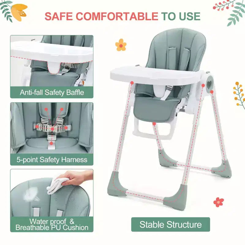 Chaise haute pliante pour bébés et tout-petards - Harnais de sécurité réglable à 5 points, plusieurs positions d'inclinaison, plateau amovible facile à nettoyer et design léger