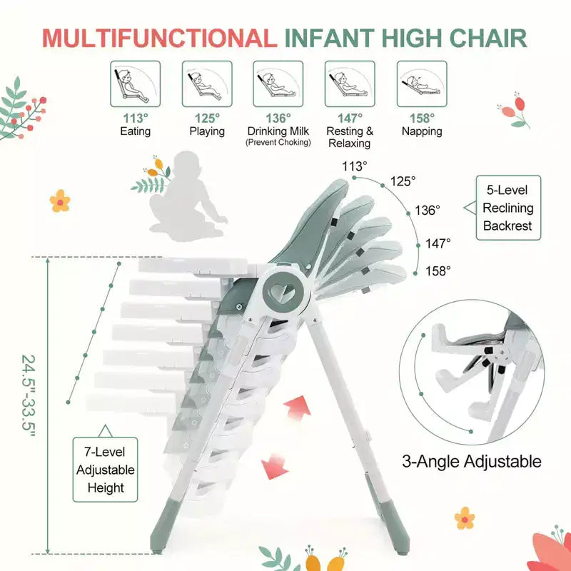 Chaise haute pliante pour bébés et tout-petards - Harnais de sécurité réglable à 5 points, plusieurs positions d'inclinaison, plateau amovible facile à nettoyer et design léger