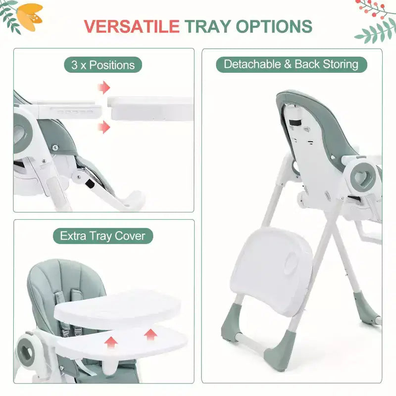 Chaise haute pliante pour bébés et tout-petards - Harnais de sécurité réglable à 5 points, plusieurs positions d'inclinaison, plateau amovible facile à nettoyer et design léger