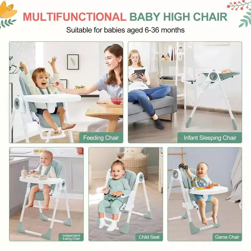 Chaise haute pliante pour bébés et tout-petards - Harnais de sécurité réglable à 5 points, plusieurs positions d'inclinaison, plateau amovible facile à nettoyer et design léger
