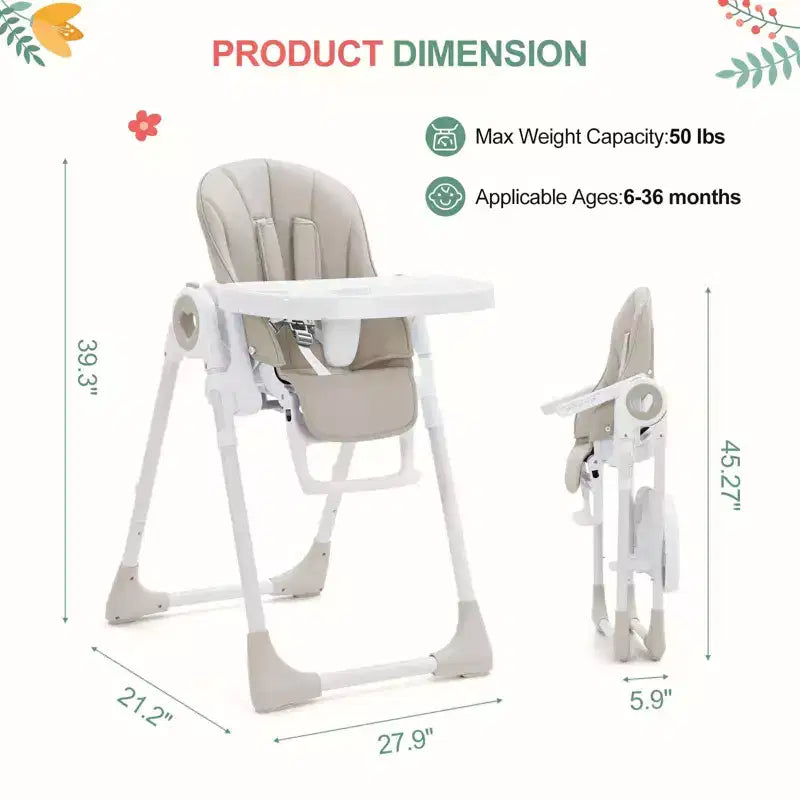 Chaise haute pliante pour bébés et tout-petards - Harnais de sécurité réglable à 5 points, plusieurs positions d'inclinaison, plateau amovible facile à nettoyer et design léger