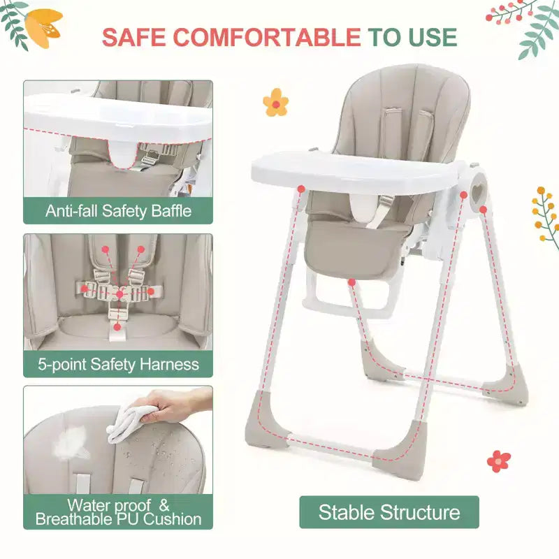 Chaise haute pliante pour bébés et tout-petards - Harnais de sécurité réglable à 5 points, plusieurs positions d'inclinaison, plateau amovible facile à nettoyer et design léger