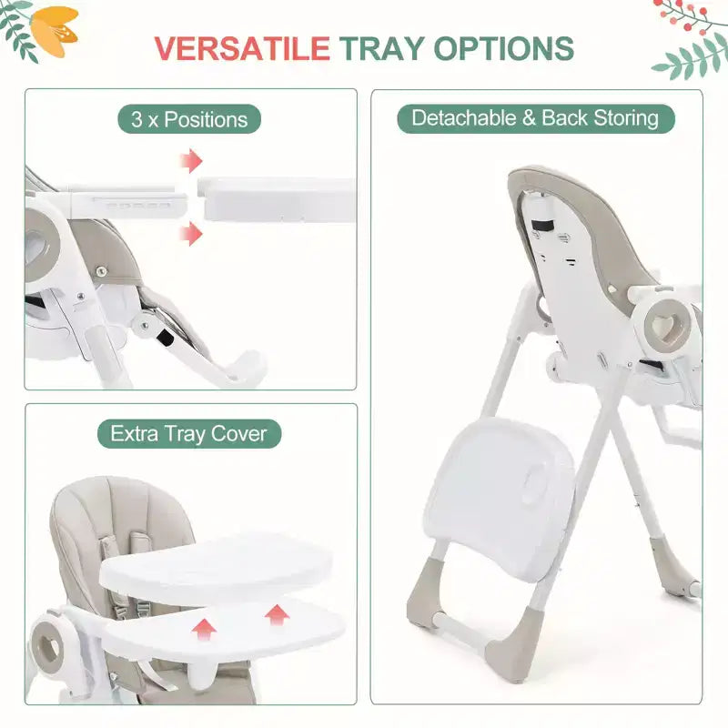 Chaise haute pliante pour bébés et tout-petards - Harnais de sécurité réglable à 5 points, plusieurs positions d'inclinaison, plateau amovible facile à nettoyer et design léger