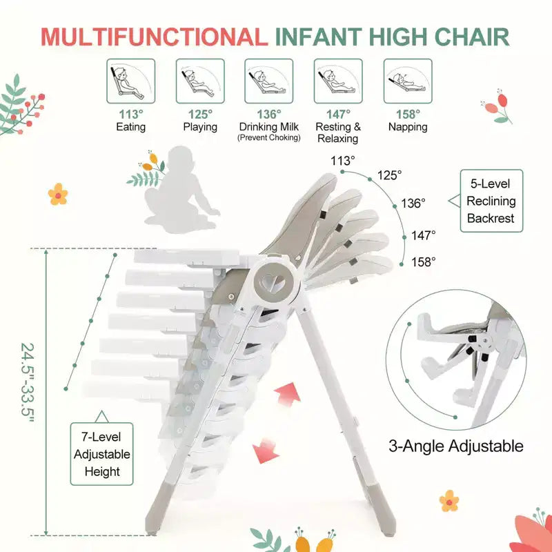 Chaise haute pliante pour bébés et tout-petards - Harnais de sécurité réglable à 5 points, plusieurs positions d'inclinaison, plateau amovible facile à nettoyer et design léger