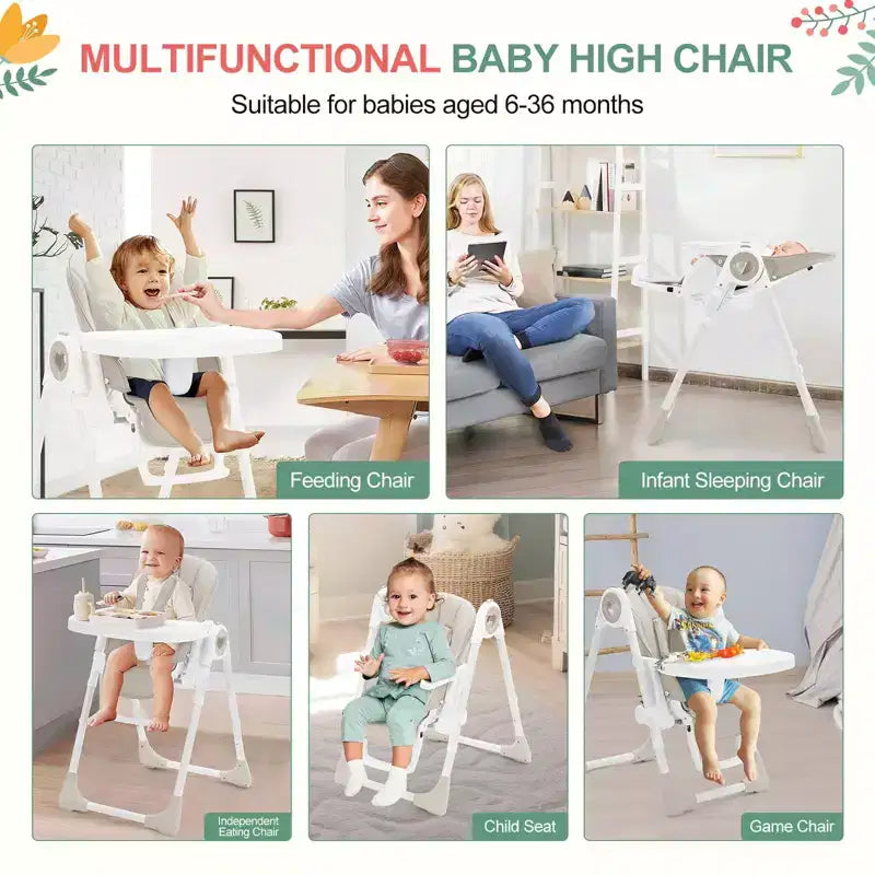 Chaise haute pliante pour bébés et tout-petards - Harnais de sécurité réglable à 5 points, plusieurs positions d'inclinaison, plateau amovible facile à nettoyer et design léger