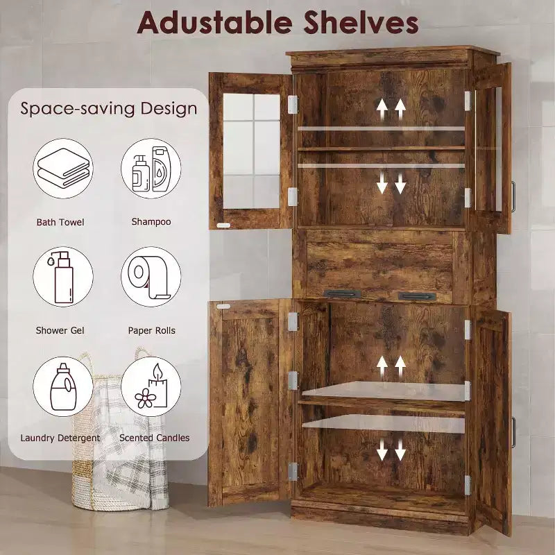 67 H Tall Bathroom Storage Cabinet,4 Doors & Flip Glass Drawer, Freestanding Organizer with Adjustable Shelves for Kitchen, Pantry, Living Room