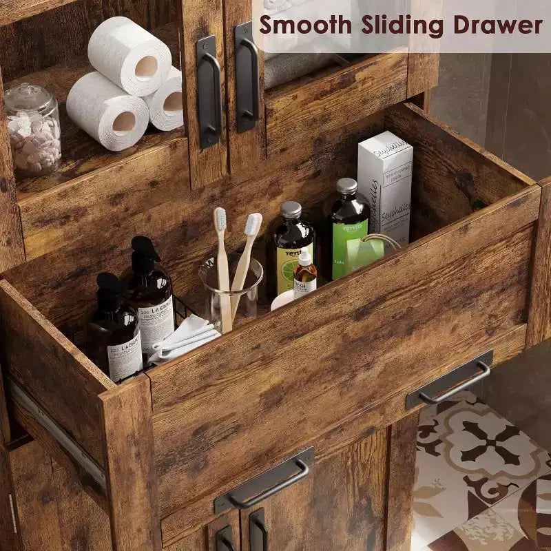67 H Tall Bathroom Storage Cabinet,4 Doors & Flip Glass Drawer, Freestanding Organizer with Adjustable Shelves for Kitchen, Pantry, Living Room