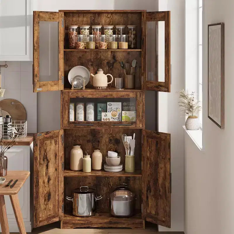67 H Tall Bathroom Storage Cabinet,4 Doors & Flip Glass Drawer, Freestanding Organizer with Adjustable Shelves for Kitchen, Pantry, Living Room