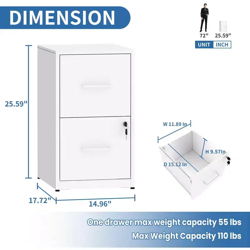 VIYET 25H 2-Drawer Lockable Vertical File Cabinet,Heavy-Duty Steel for Letter/Legal/A4/F4,Anti-Tip for Home Office(white)