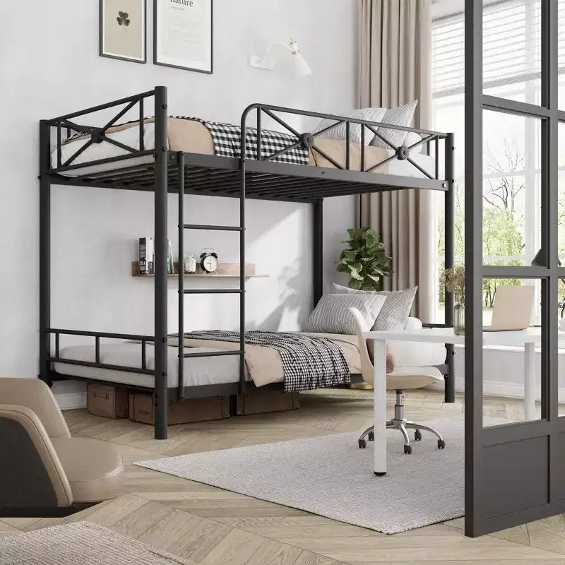 Metal Double-decker Bed, Steel Double-decker Bed with Safety Guardrail, Space-saving Design, Modern Bedroom or School