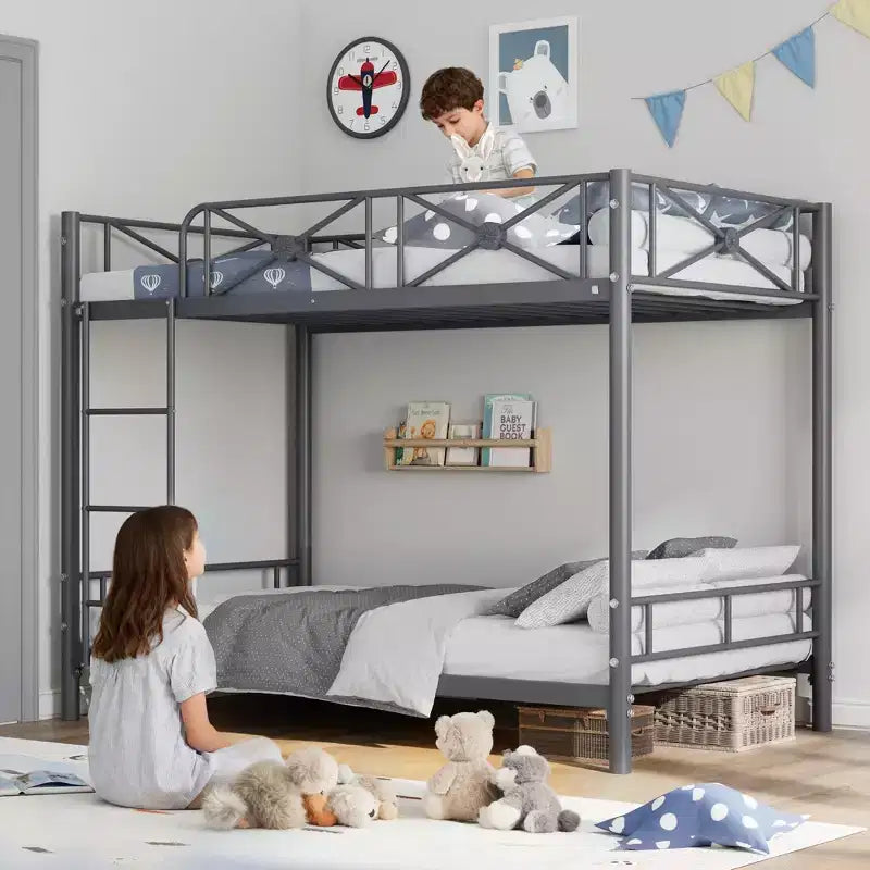 Metal Double-decker Bed, Steel Double-decker Bed with Safety Guardrail, Space-saving Design, Modern Bedroom or School