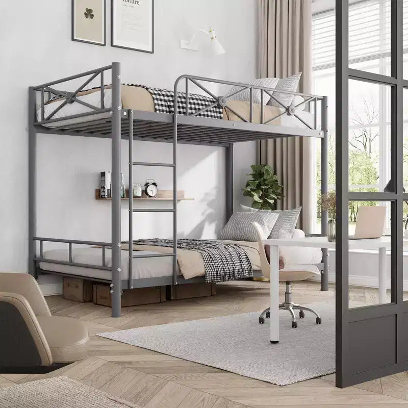 Metal Double-decker Bed, Steel Double-decker Bed with Safety Guardrail, Space-saving Design, Modern Bedroom or School