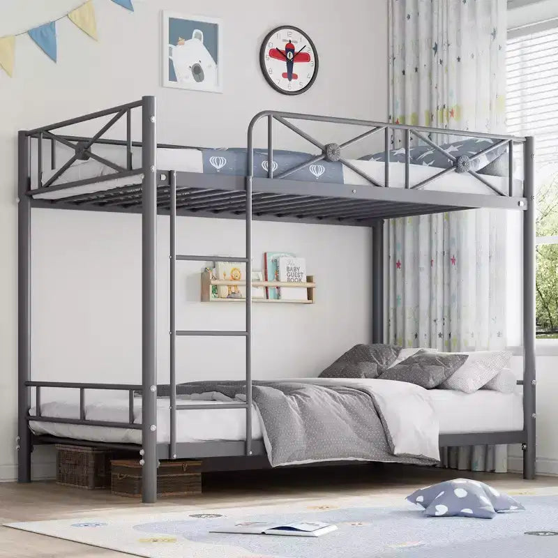 Metal Double-decker Bed, Steel Double-decker Bed with Safety Guardrail, Space-saving Design, Modern Bedroom or School