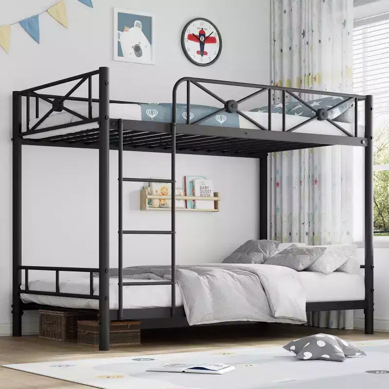 Metal Double-decker Bed, Steel Double-decker Bed with Safety Guardrail, Space-saving Design, Modern Bedroom or School