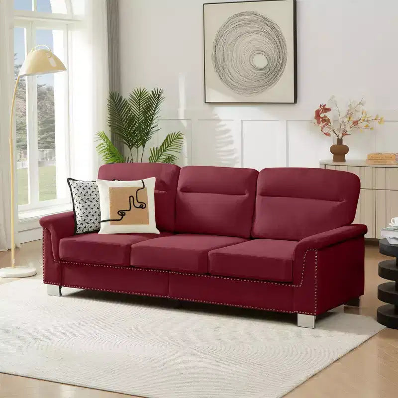 Okak Modern Snowfleece Fabric 3-Seater Long Sofa with Rolled Arms,Compressed Upholstered Couch for Living Room,Apartment