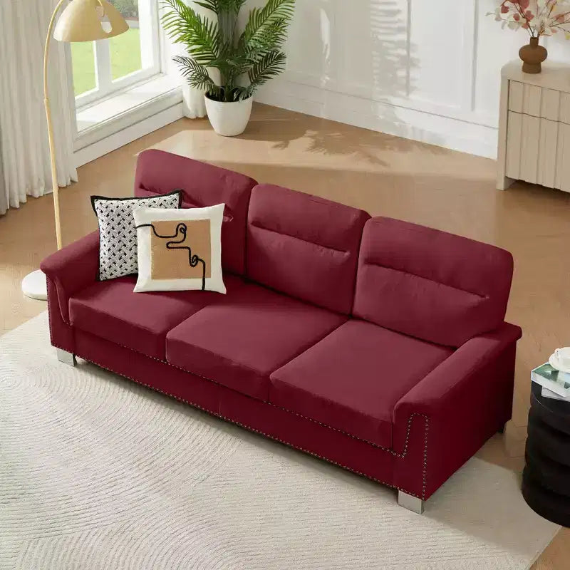 Okak Modern Snowfleece Fabric 3-Seater Long Sofa with Rolled Arms,Compressed Upholstered Couch for Living Room,Apartment